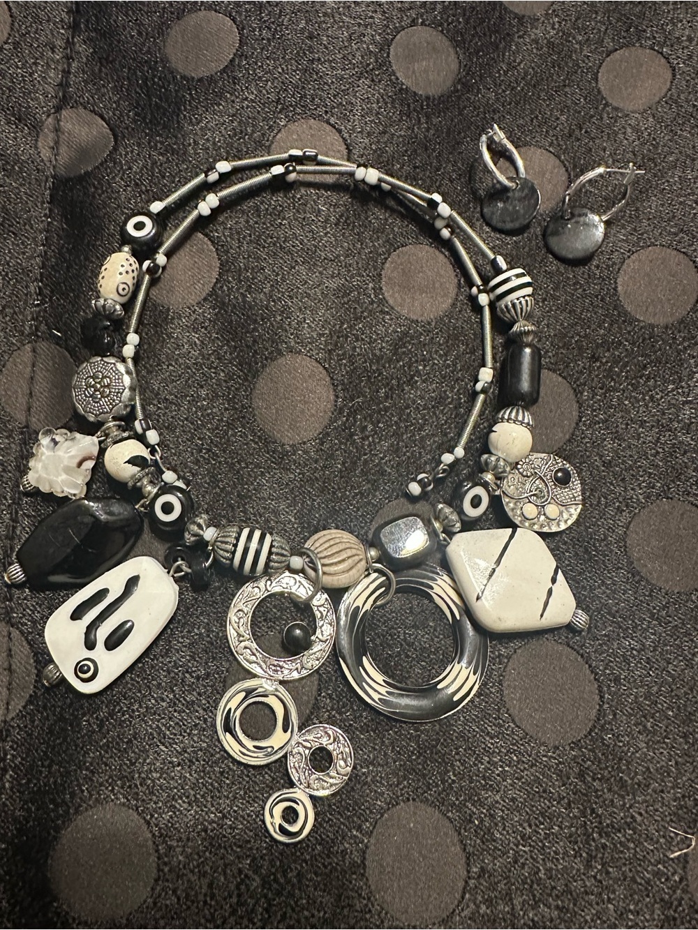 Hand Crafted Black&White Statement Beaded Necklace & Matching Earrings Set